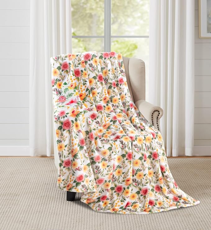Spring Velvet Fleece Floral Throw Blanket: Golden Meadow of Pink Yellow Green Flowers on a Colorful Soft Cozy White Design, Oversized 50" x 70"
