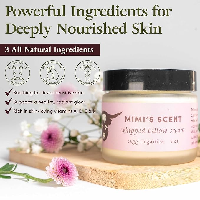 Whipped Tallow Cream for Skin - 100% Organic & Chemical-Free - Deep, Long-Lasting Hydration & Nourishment for Dry & Sensitive Skin (Mimi’s Scent 2oz)