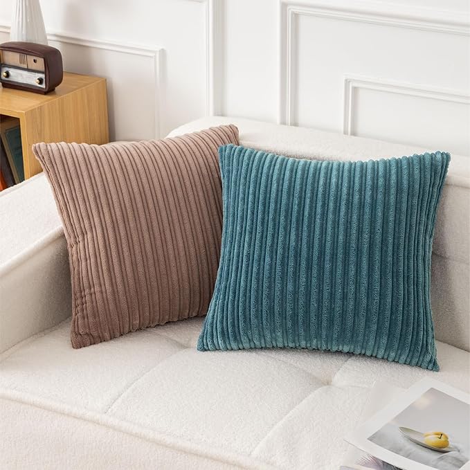 UGASA Velvet 12x20 Inch Lumbar Soft Throw Pillow Covers Decorative Corduroy Striped Both Sides Solid Rectangular Cushion Cases Boho Farmhouse for Couch Bedroom Sofa Home, Pack of 2, Blue Grey