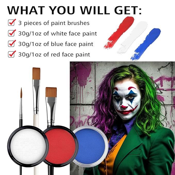 Water-Based Red White Blue Patriotic Face Body Paint Kit with Brushes for 4th of July Independence Day, Halloween Cosplay and Sports Events