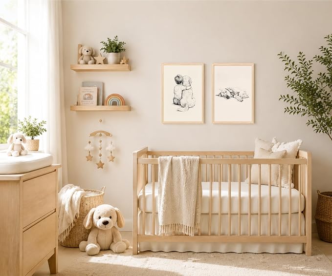 Boy and Dog Wall Art Set of 2 Framed, Minimalist Sketch Print | Best Friends Artwork for Kids Room Nursery Bedroom Home Decor 12x16 Inches
