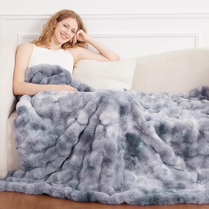 Comelady Soft Fluffy Faux Fur Throw Blanket 50"x60", Bubble Plush Texture | Tie-dye Grey Blue Thick Fuzzy Throw, No-Shedding, Aesthetic & Cozy for Couch Bed Room Decor, Warm Gift for Women Men
