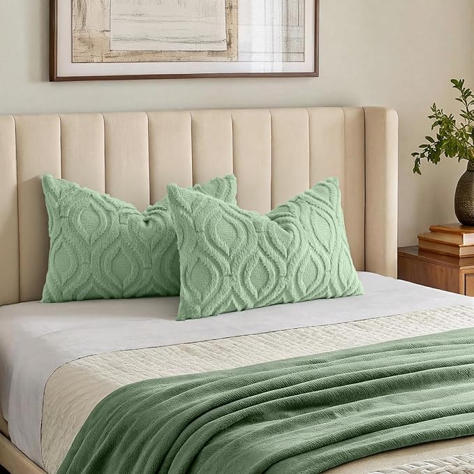 decorUhome Faux Fur Plush Sage Green Throw Pillow Covers 12x20 Set of 2 | Plush Solid Fall Couch Pillow Covers, Accent Modern Farmhouse Neutral Decorative Soft Pillow Cases for Sofa Bed Living Room