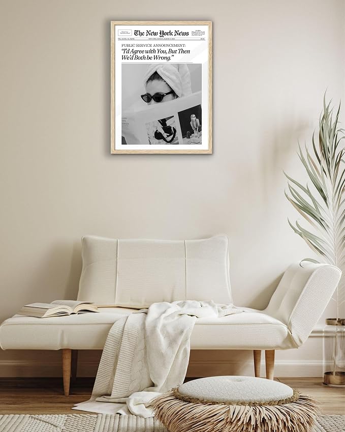 EcoHest 12x16 in Cool Girl Newspaper Framed Wall Art for Bedroom | Natural Oak Wood Frame, Canvas Wall Art, Girly Fashion Magazine Decor for Bedroom, Apartment, Dorm Room, College Room, 1Pack