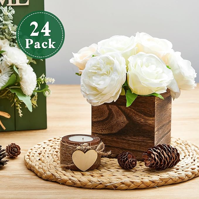 24 Set Wood Cube Planter Box Square Wood Vase Rustic Cube Planter Box with Removable Plastic Liner Floral Foam Blocks for Centerpieces Home Wedding Garden Decor, Country Style (Brown)