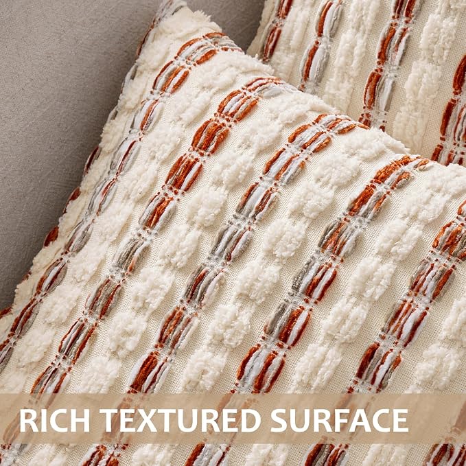 ANRODUO Boho Chenille Decorative Pillow Covers 20x20 Inch Set of 2 Orange | Textured Tufted Stripes Woven Cushion Case, Farmhouse Accent Neutral Pillowcase for Couch Sofa Bed Living, Room Decor