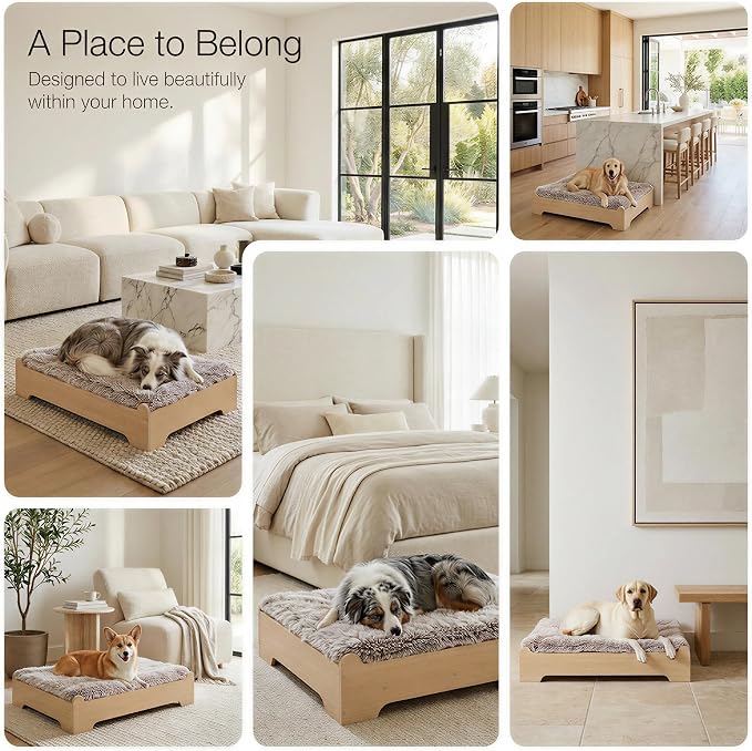 Elevated Wood Dog Bed Frame with Foam Mattress, WoodPattern, L | Raised Dog Bed with Washable Cover, Furniture-Style Design for Indoor Living