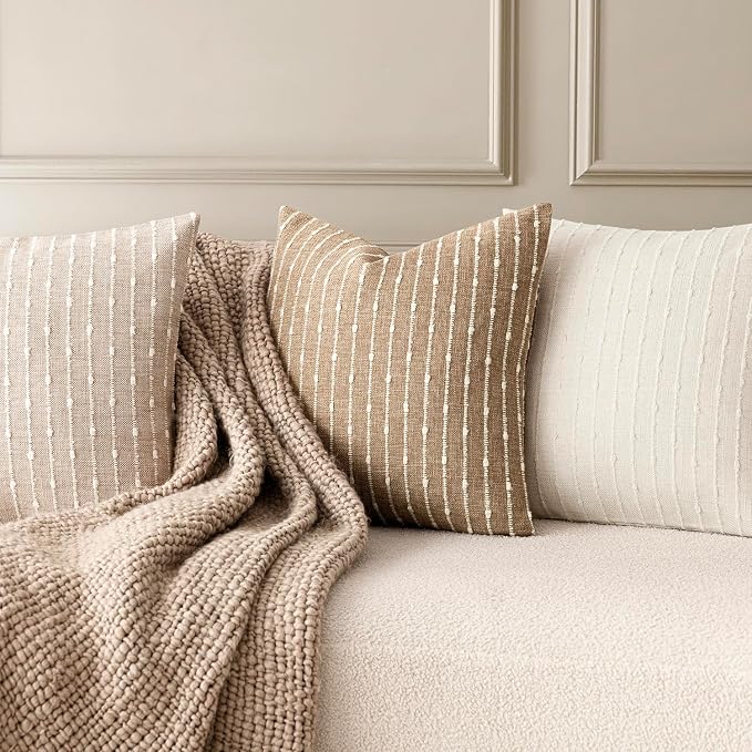 Foindtower Pack of 2 Decorative Jacquard Boucle Throw Pillow Covers Accent Textured Striped Pillowcases Soft Boho Modern Cushion for Couch Sofa Bedroom Living Room Home Decor 22x22 Inch Natural Beige