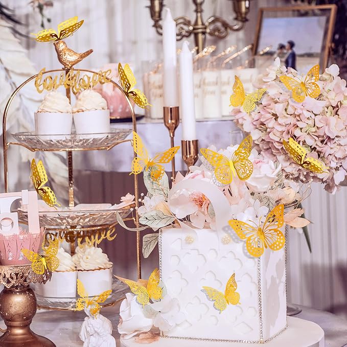 SAOROPEB 3D Butterfly Wall Decor 48 Pcs Gold Butterfly Birthday Decorations | 4 Styles 3 Sizes, for Butterfly Birthday Decorations Butterfly Party Decorations Cake Decorations, Removable Stickers