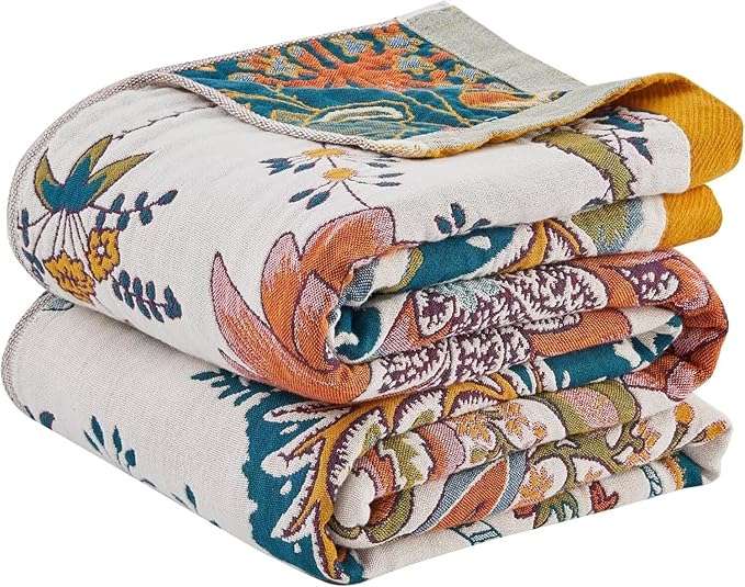 Boho Throw Blanket Farmhouse Decor Throw Blanket Bohemian Blanket for Bed 100% Cotton Muslin Woven Couch Blanket All Seasons Quilt Bedroom (J-Beige, 90"x98")