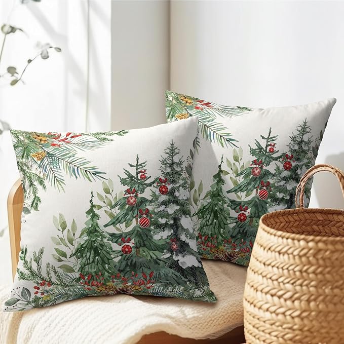 Kawani Christmas Winter Trees Throw Pillow Cover, 20 x 20 Inch Xmas Tree Red Bells Berry Holiday Decorative Cushion Case Linen Cotton Outdoor Pillowcase Sofa Couch Bed Patio Car Seat