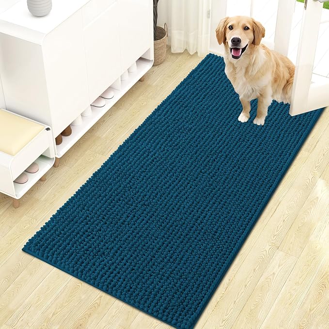 OLANLY Dog Door Mat for Muddy Paws 47x24, Extra Absorbent Chenille Mud Mat | Atlantic Blue, Absorbs Moisture and Dirt, Non-Slip Machine Washable Doormat, Quick-Drying Indoor Entryway Floor Mat for Dogs