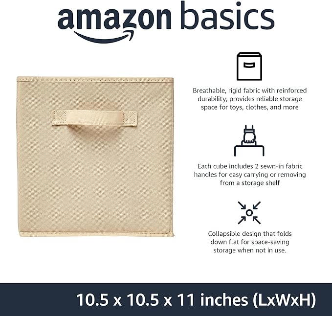 Amazon Basics Collapsible Fabric Storage Cubes Organizer with Handles, Sturdy Storage Bins for Organization, 10.5" x 10.5" x 11", Beige, 6 Count (Pack of 5)