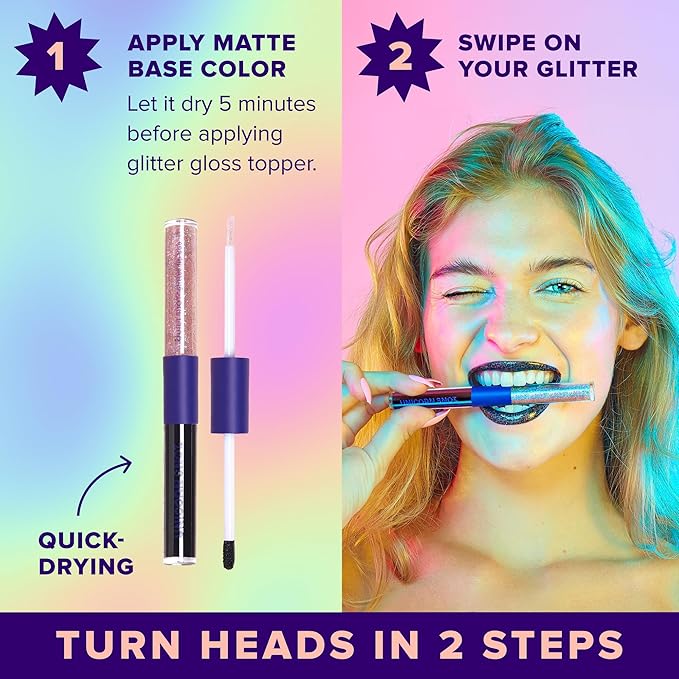 UNICORN SNOT Quiet Riot Glitter Lip Duo | 2-in-1 Set: Matte Lipstick & Plastic-Free Glitter | 0.15oz Black Lipstick & 0.16oz Gloss, Chasm