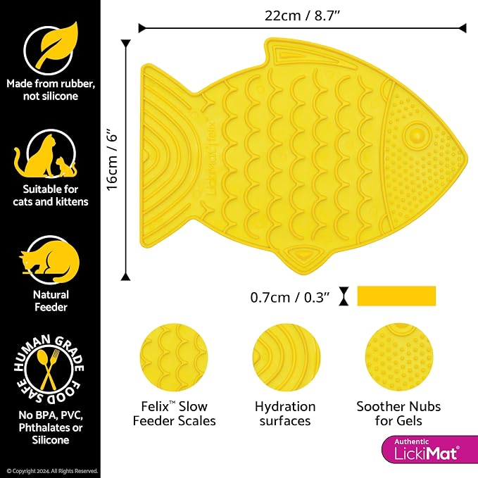 LickiMat Felix, Fish-Shaped Cat Slow Feeders Lick Mat, Boredom Anxiety Reducer; Perfect for Food, Treats, Yogurt, or Peanut Butter. Fun Alternative to a Slow Feed Cat Bowl or Dish, Yellow