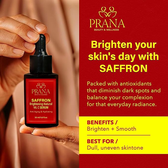 PRANA Saffron Brightening Vitamin C Face Serum – Ayurvedic Skincare with Pure Blue Lotus, Vetiver & Sandalwood – Hydrating Anti-Aging Serum for Even Skin Tone, Dark Spots & Radiant Glow (30ml)
