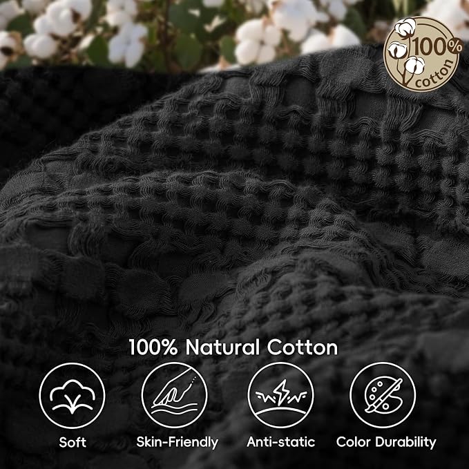 PHF 100% Cotton Waffle Blanket Twin Size, Lightweight Breathable Summer Blanket for Hot Sleepers, Pre-Washed Soft Layer for Bed, Dorm, Couch & Guest Room, Home Decor Gift, 66"x90", Black