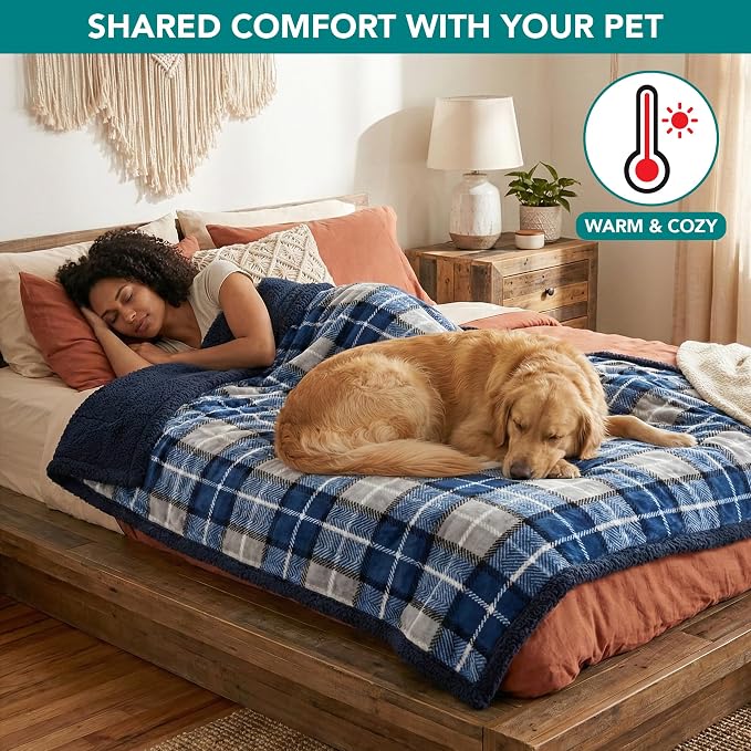 PetAmi Waterproof Dog Blanket for Medium Large Dog Pet, 60x40, Plaid Navy | 460 GSM Sherpa Fleece Reversible, Pee Proof Cat Throw, Furniture Protector Cover for Couch Bed Sofa Kennel, Washable, Large