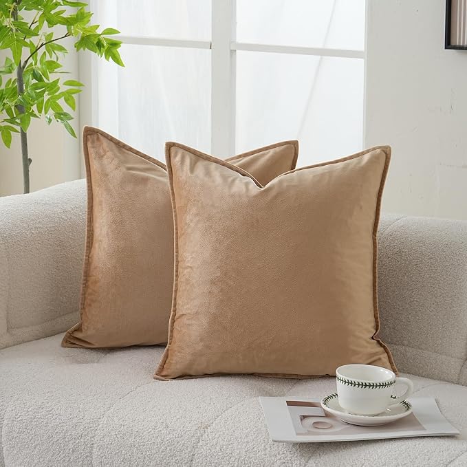 JIAHANNHA Velvet Khaki Throw Pillow Covers 24”x24”Pack of 2 Soft Decorative | Square Cushion Covers for Couch Sofa Bed Livingroom Car Home Decor,60x60Cm