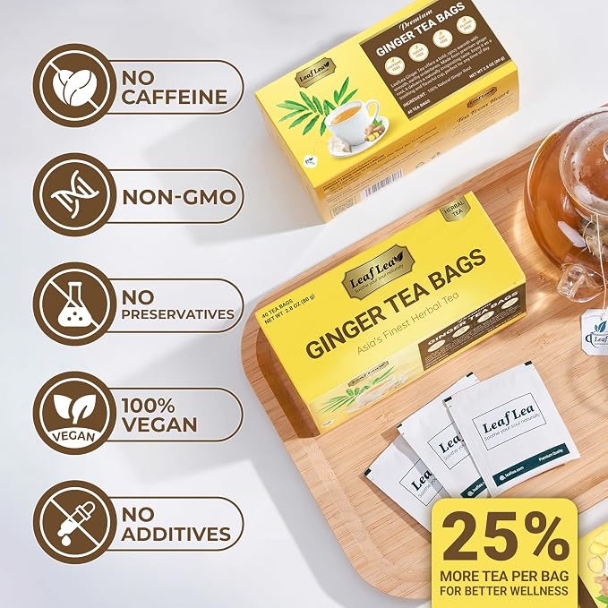 LeafLea Ginger Tea Bags, Spicy Pure Ginger Herbal Tea, 120 Count | Bold Single-Ingredient Brew, Individually Foil-Wrapped, Family Value Pack, Caffeine-Free, Gluten-Free