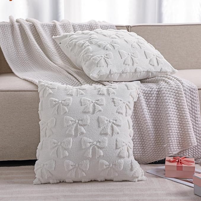Mixweer Cream White Bow Pillow Covers Set of 2 Preppy Room Decor Coquette Cute Spring Summer Decorative Faux Fur Soft Bowknot Stuff Fluffy Plush Aesthetic Pillowcase for Bed Sofa Couch (20 x 20 Inch)