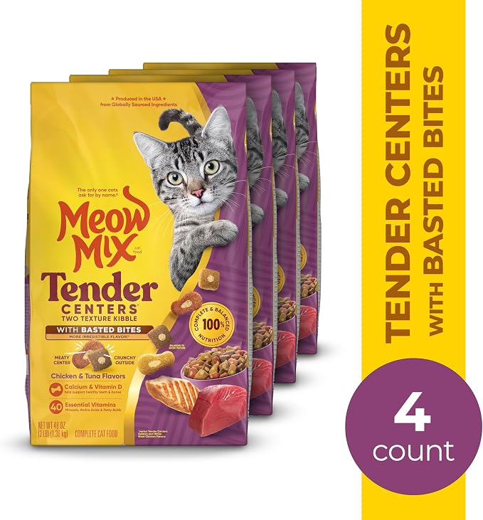 Meow Mix Tender Centers Dry Cat Food with Basted Bites, Chicken & Tuna Flavors, 3 Pound Bag (Pack of 8)
