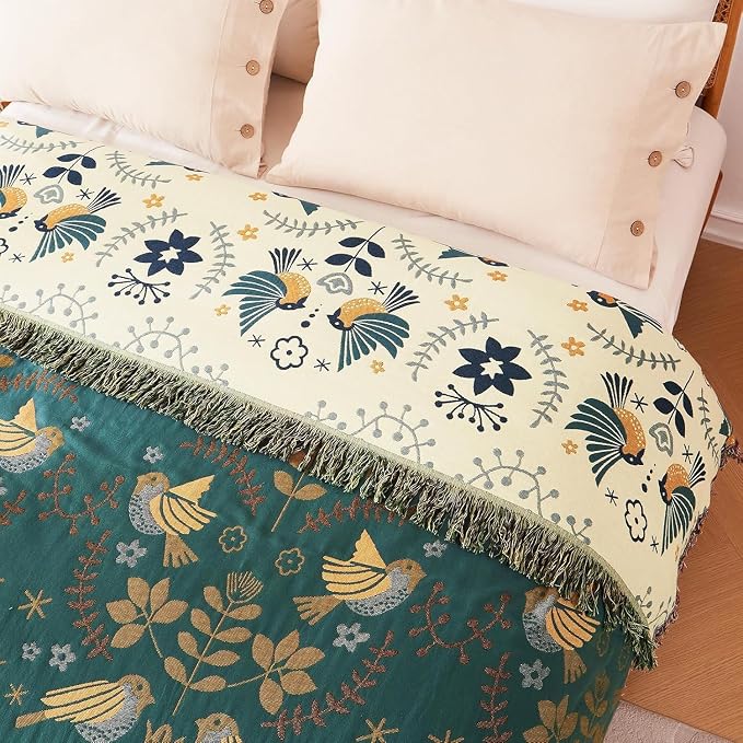 LUTBM King Throw Blanket for Bed, 100% Cotton Boho Soft Summer Blankets | 90"x108" Reversible Floral Bird Quilt, All-Season Bedspread, For Chair Sofa Couch Bedroom Decor, Breathable 4-Layer Gauze