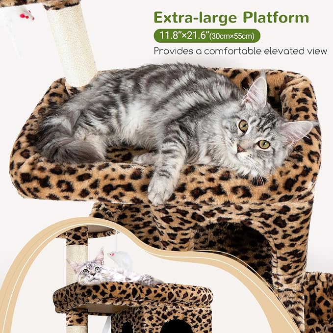 Globlazer Heavy Duty Cat Trees for Large Cats, Sturdy 72in Maine Coon Cat Tree for Large Cat 20 lbs+ Heavy Duty Cat Tower for Adult Biggest Cats with 6 Scratching Posts, Hammock, S72, Leopard Print