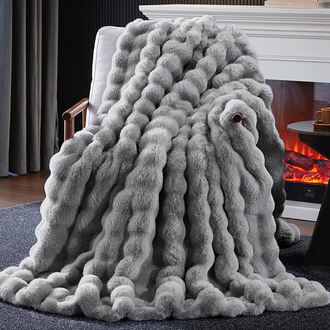 Anysay Faux Fur Throw Blanket, 1000GSM Fluffy Soft Bubble Blanket 60''*80'' | Cozy Plush Warm and Thick Blanket for Couch Bed, Fuzzy Rabbit Throw for Living Room Bedroom Light Grey
