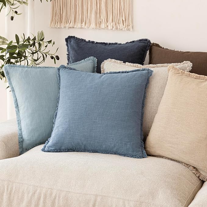 Foindtower Set of 2 Decorative Linen Fringe Throw Pillow Covers Cozy Boho Farmhouse Cushion Cover with Tassels Soft Accent Pillowcase for Couch Sofa Bed Living Room Home Decor, 20×20 Inch, Misty Blue