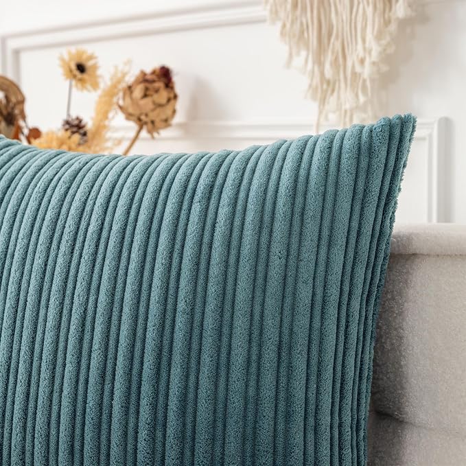 UGASA 14x20 Inch Pillow Cover Pack of 1 Soft Boho Stripe Corduroy Long Rectangle Lumbar Cushion Case Farmhouse Decorative Throw Pilowcase for Bed, Couch, Sofa, Bedroom, Living Room, Blue Grey