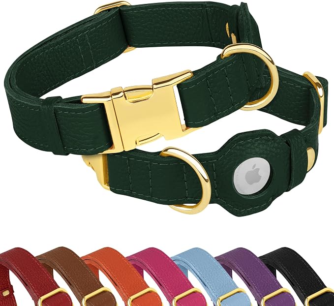 Leather Airtag Dog Collar - Soft Tracking Dog Collar with Apple AirTag Holder and Metal Buckle - Safety GPS Pet Collars for Small Medium Large Dogs Puppy Pink Red (Green, M, 14"-18" Neck Fit)