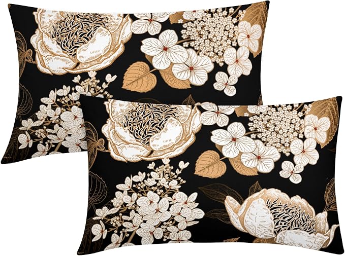 Vintage Flowers Lumbar Pillow Covers 12X20 Inch Set of 2 White Floral Gold Leaves Botanical Decorative Pillow Cases Rustic Black Cotton Linen Cushion Case Farmhouse Home Decor For Sofa Couch Outdoor