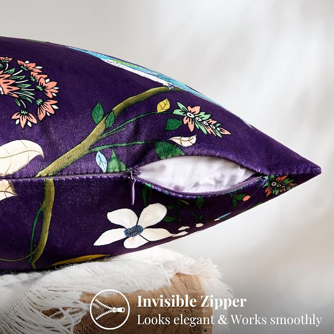 MUSSEL Purple Velvet Floral Decorative 12x20 Lumbar Pillow Covers Set of 2 | Durable and Sturdy,Botanical Printed Pattern,Throw Pillows Case,Rectangle,Colorful Farmhouse,Home Sofa Bed Couch Decor