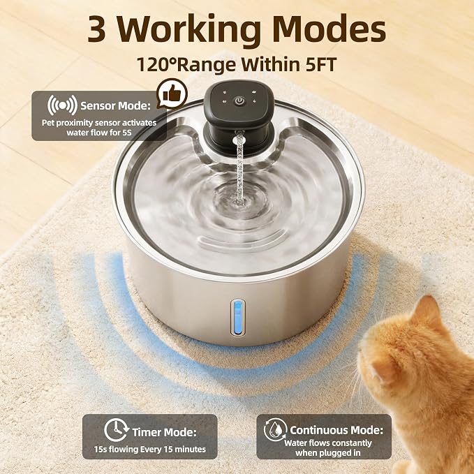Wireless Cat Water Fountain,3.2L Stainless Steel Battery Operated | 1 Pack Filters | Cordless & Rechargeable | Motion Sensor | BPA-Free | DishwasherSafe | 20dB Ultra-Quiet | 108oz capacity