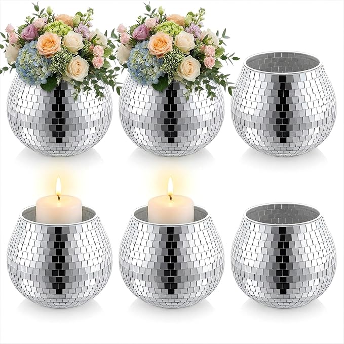 6 PCS Disco Ball Vase, Candle Holder 3.9X3.74 Inch Multifunctional Pencil Cup Disco Flower Vase Centerpieces for Wedding Centerpieces,Birthday,Office,Bedroom Classroom Decor