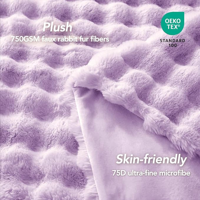 L'AGRATY Faux Rabbit Fur Throw Blanket for Couch, 50'' x 60'', Purple | Soft Cozy Bubble Fluffy Blanket for Sofa Bed, Thick Warm Plush Fuzzy Throw for Room Home Decor, Luxury Gift for Women Mom