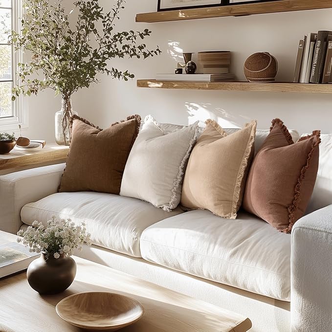 MIULEE Fall Linen Fringe Pillow Covers Set of 4 22x22 Beige/Brown | Boho Farmhouse Decorative Throw Pillow Covers, Neutral Soft Rustic Cushion Cases, for Couch Sofa Bed Living Room Home Decor
