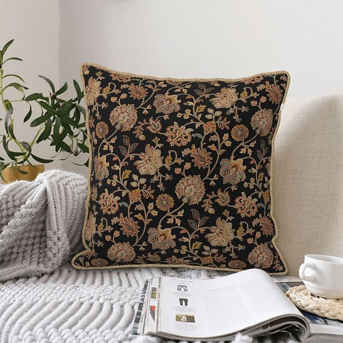 Vintage Tapestry Velvet Pillow Covers 20x20 In Black Brown Bohemian Boho Carpet Throw Pillows for Couch Soft Cushion Covers Rustic Retro Rug Pillow Cases for Sofa Bed Living Room Outdoor Pillowcase