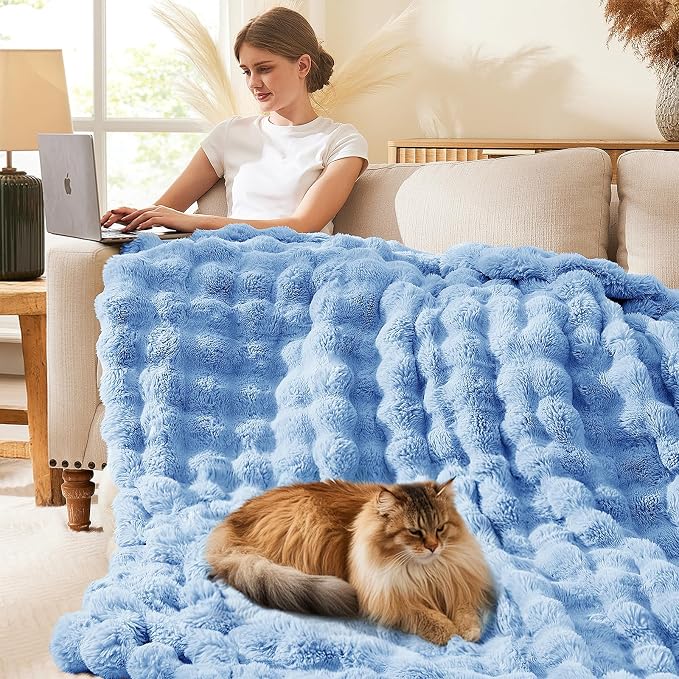 L'AGRATY Faux Rabbit Fur Throw Blanket for Couch, 50'' x 60'', Airy Blue | Soft Cozy Bubble Fluffy Blanket for Sofa Bed, Thick Warm Plush Fuzzy Throw for Room Home Decor, Luxury Gift for Women Mom