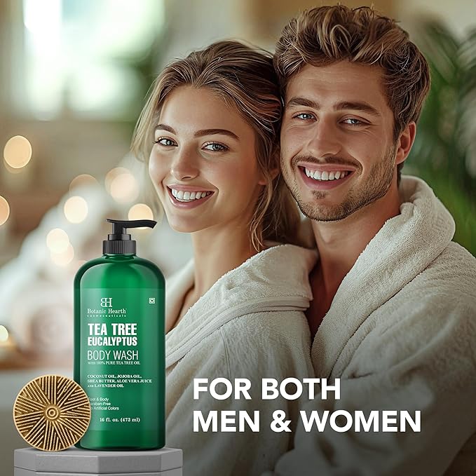 Botanic Hearth Tea Tree Eucalyptus Body Wash with Silicone Dual-Sided Design Body Brush & Scrubber | Infused with 100% Pure Tea Tree Oil, Coconut, Jojoba|Foot & Body Cleanser |Paraben Free |16 fl oz
