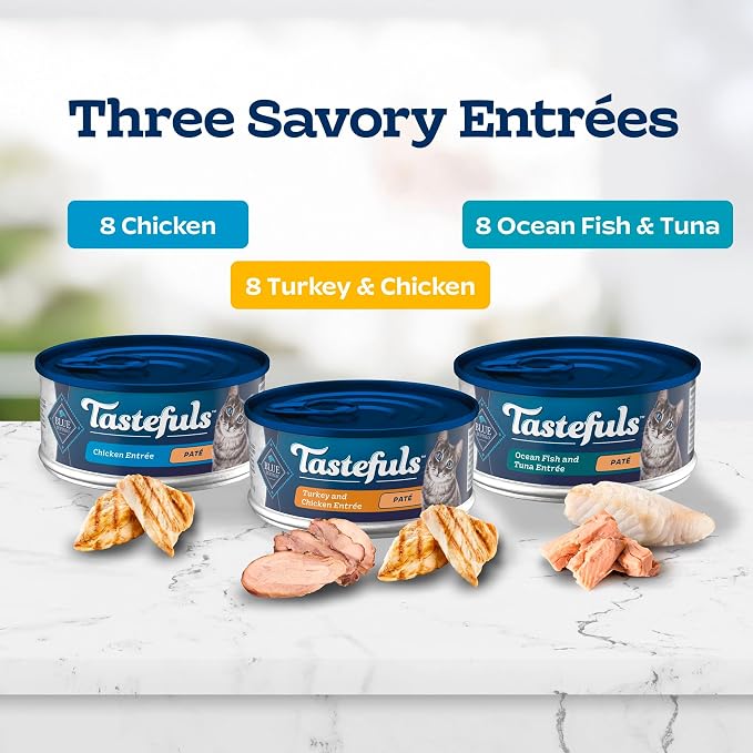 Blue Buffalo Tastefuls Variety Pack Paté Wet Cat Food, 5.5 oz, 24 ct | Chicken, Turkey & Chicken, Ocean Fish & Tuna Entrées (8 of Each), Paté Style