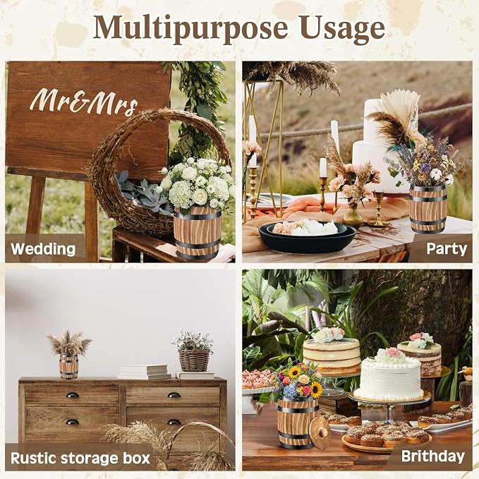 GlikCeil 2 Pcs Wood Wine Barrel Vase Vintage Flower Vase Container Rustic Barrel Planter for Wedding Reception Table Decoration Home Indoor Outdoor Garden Kitchen Party (6.3 x 5.5 Inch)