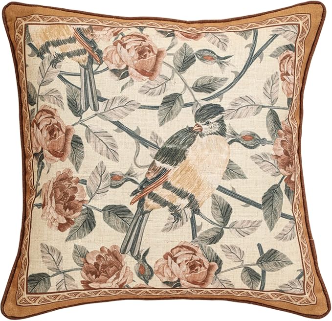 patdrea French Vintage Linen Throw Pillow Cover,18"x18"-ParkerEstate B | Decorative Pillow Case with Zipper,Bird and Floral Pattern,Cushion Coverfor Couch Living Room Bedroom Sofa