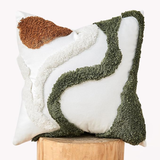 lifein 18x18 Pillow Covers-Throw Pillow Covers Boho Couch Pillows Embroidered Decorative Accent Pillows Mid Century Textured Pillowcases for Couch Sofa Living Room Bed (Olive Green and Cream)