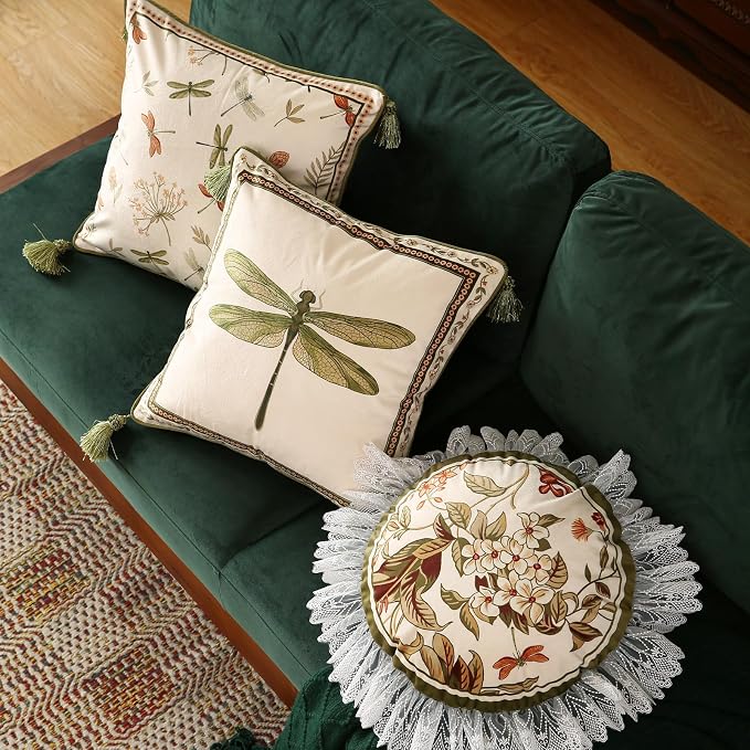 Designer Velvet Throw Pillow Covers,Set of 2,Diameter 16"-Grace D | Pillow Cover,Concealed Zipper Design,Dragonfly Pattern,Sofas,Bedroom,Living Room,Lounge Chairs,All Season Home Decor