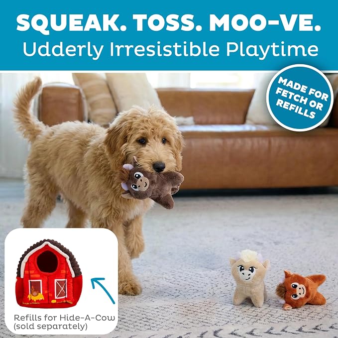 Outward Hound Squeakin’ Cows Dog Toy, Plush Highland Cow with Squeaker, Hide-A-Cow Replacement, Puppies & Small Dogs, 4.3”, 3-Pack