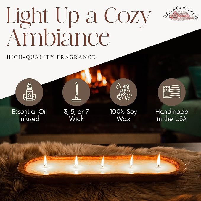 Red Barn Candle Company Wood Dough Bowl Candles | 100% Natural Soy Wax & Essential Oil Infused | Odor Eliminating + Pet Safe | Scented Candle Gifts for Men & Women (Vanilla Latte, 7-Wick)