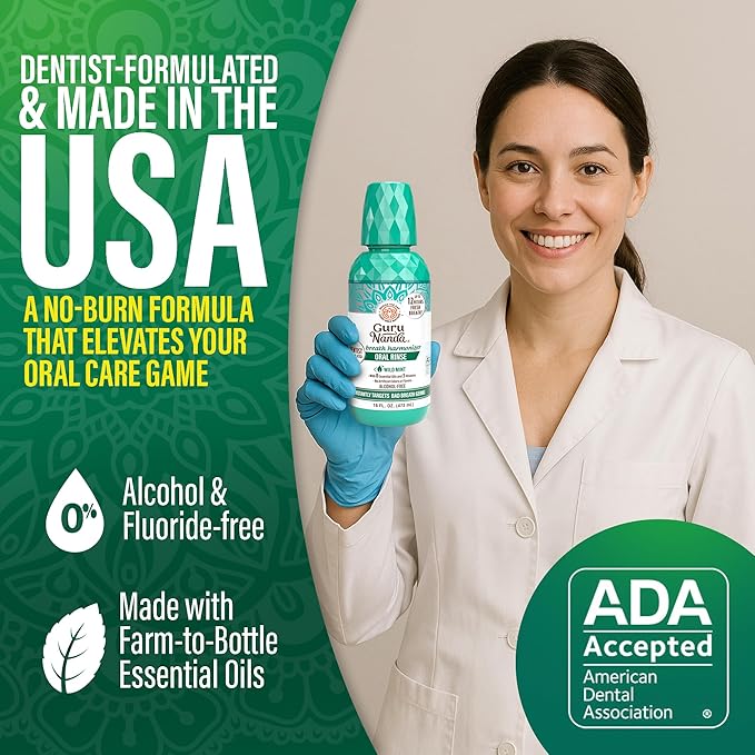 GuruNanda Fresh Breath Mouthwash, ADA-Accepted, Alcohol & Fluoride-Free, Sodium Chlorite, Essential Oils & Vitamins, 12-Hrs Fresh Breath, Wild Mint, 16 oz