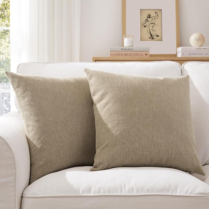 Meekio Set of 2 Deep Khaki Pillow Covers 20 x 20 Inch Farmhouse Boho Decorative Throw Pillow Covers Linen Cushion Covers for Sofa Couch Décor
